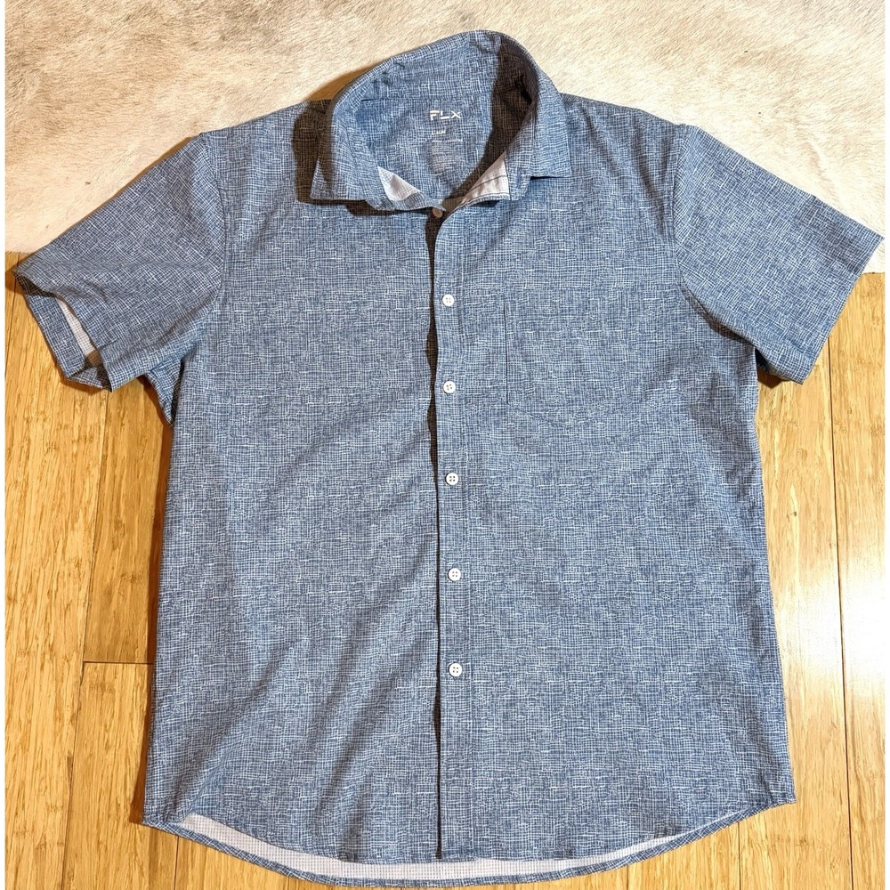 FLX Shirt‎ Men Sz L Slim Blue Short Sleeve Polo Urban Commuter Stretch Button Up